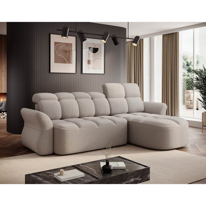 Brume - Canapé d'angle droit 4 places convertible électrique avec coffre et têtières réglables en tissu bouclette - Beige