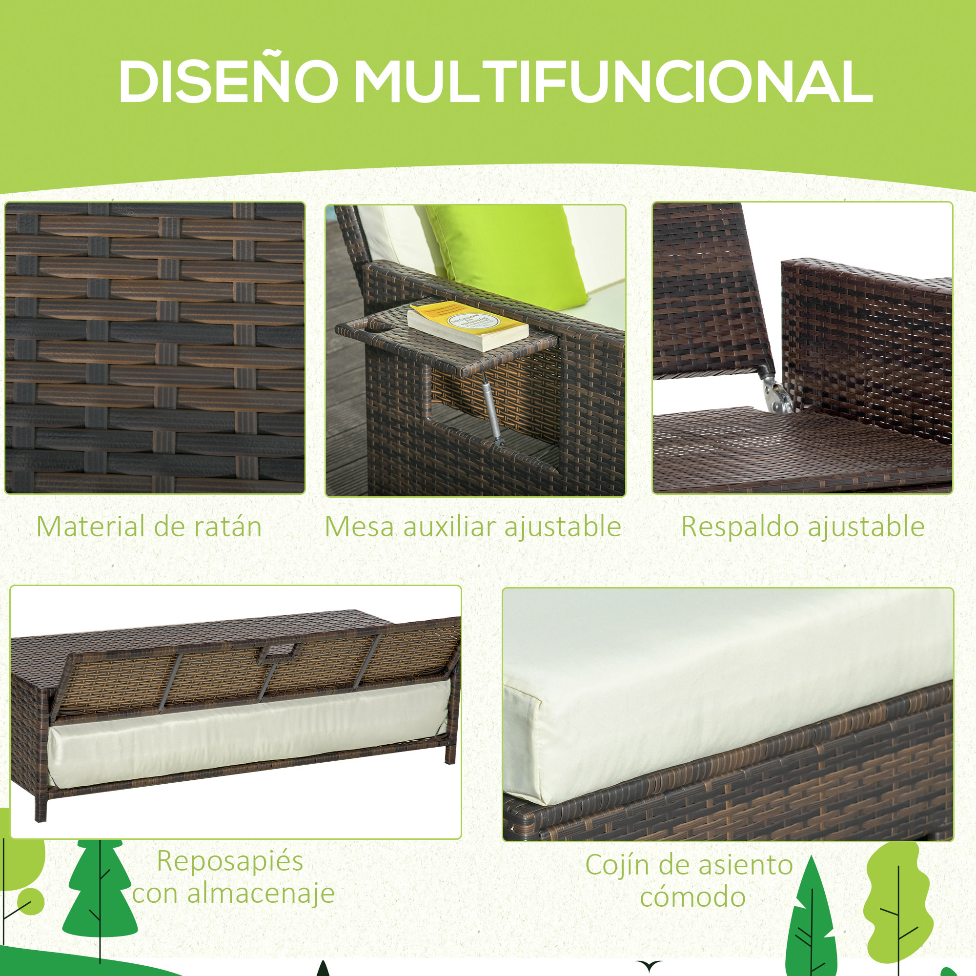 Sofá de Ratán de 2 Plazas con Mesitas y Reposapiés de Almacenaje Tumbona de Jardín con Respaldo Inclinable y Cojines Gruesos Desenfundables 130x72x96 cm Marrón y Beige