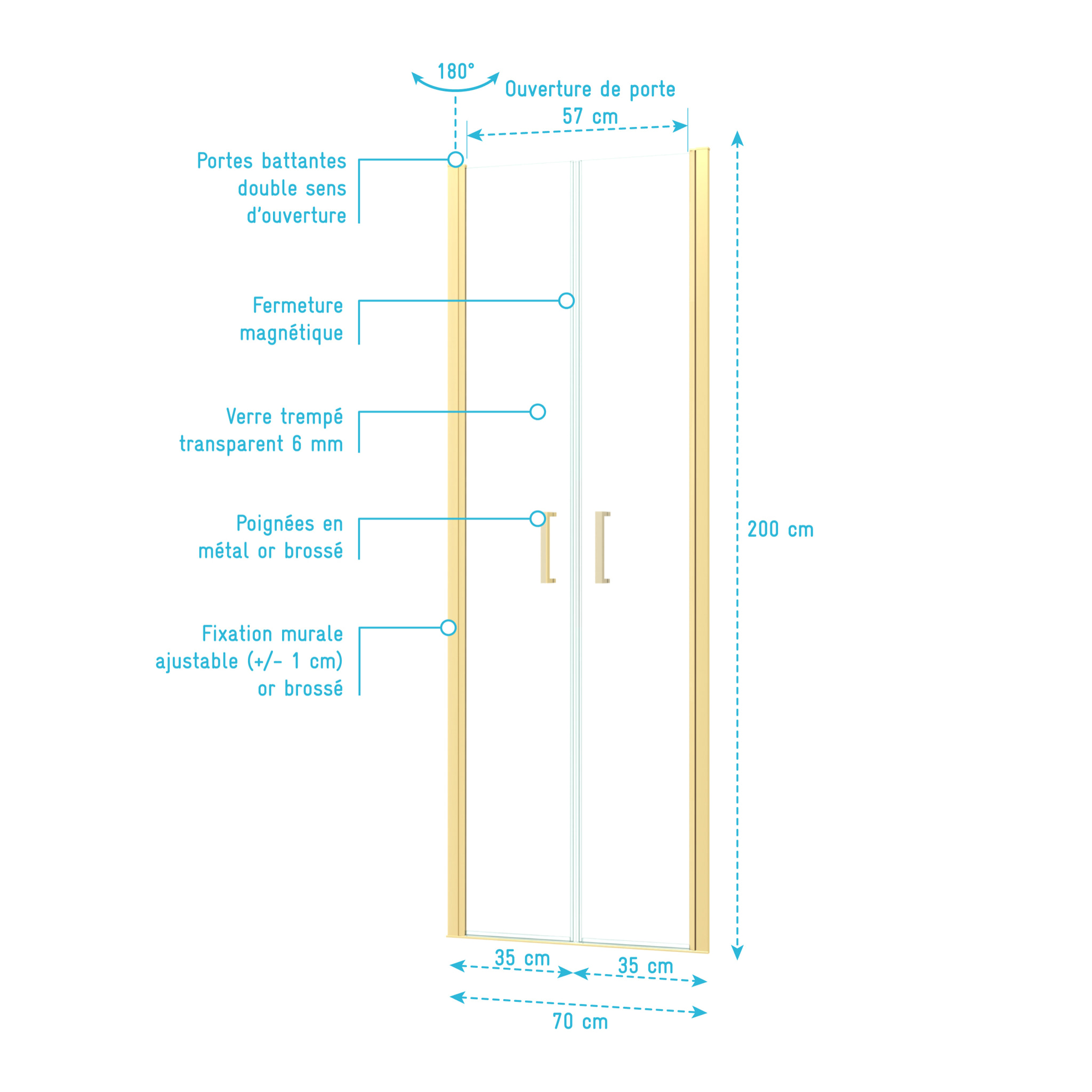 Porte de Douche Double Battant 70x200cm - Verre Trempé Transparent 6mm - Profil Or Doré Brossé