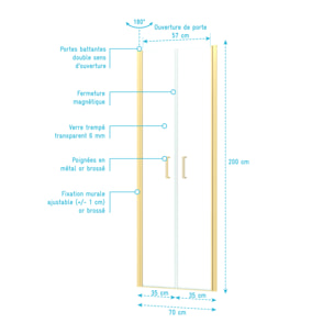 Porte de Douche Double Battant 70x200cm - Verre Trempé Transparent 6mm - Profil Or Doré Brossé