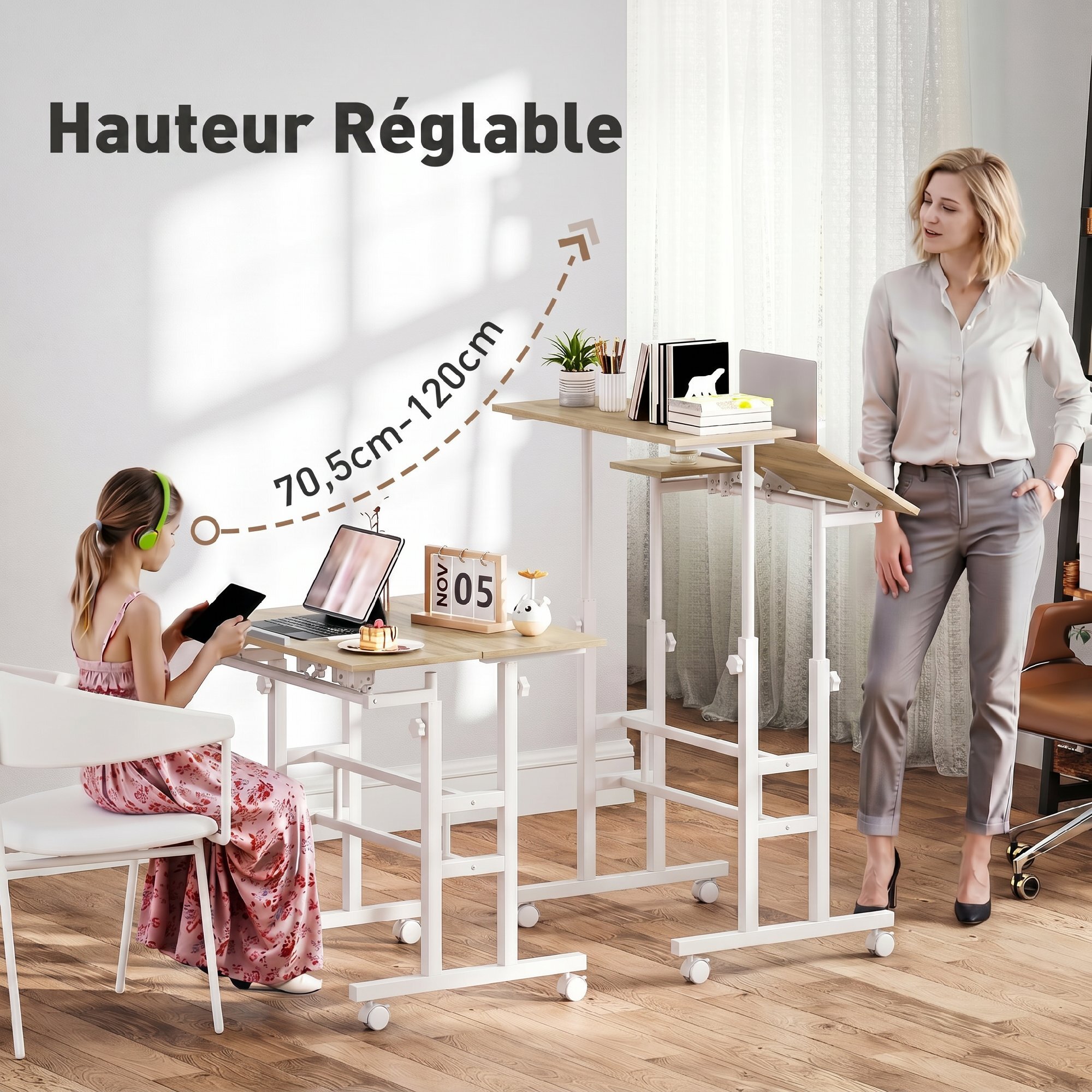Bureau assis debout inclinable réglable H.70,5-120 cm mobile 3 plateaux métal blanc effet bois clair