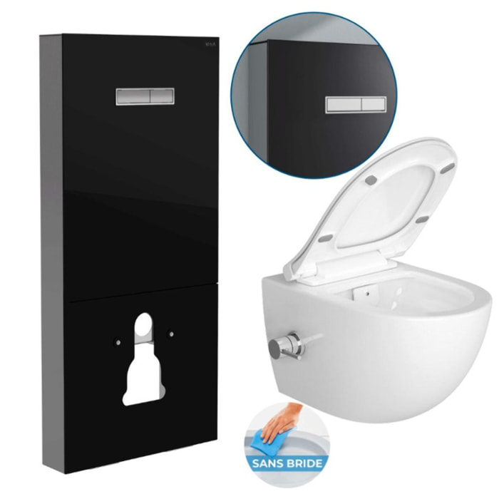 Pack WC Bâti support Vitra en verre trempé/aluminium brossé avec plaque intégrée, Noir + WC sans bride SAT, fonction bidet