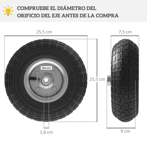 Juego de 4 Ruedas para Carretilla, Neumáticos de Goma Ø255 x 75 mm, Ruedas de Repuesto, Eje de 16 mm, Carga 80 kg, para Carros de Mano y Carritos de Jardín, Negro