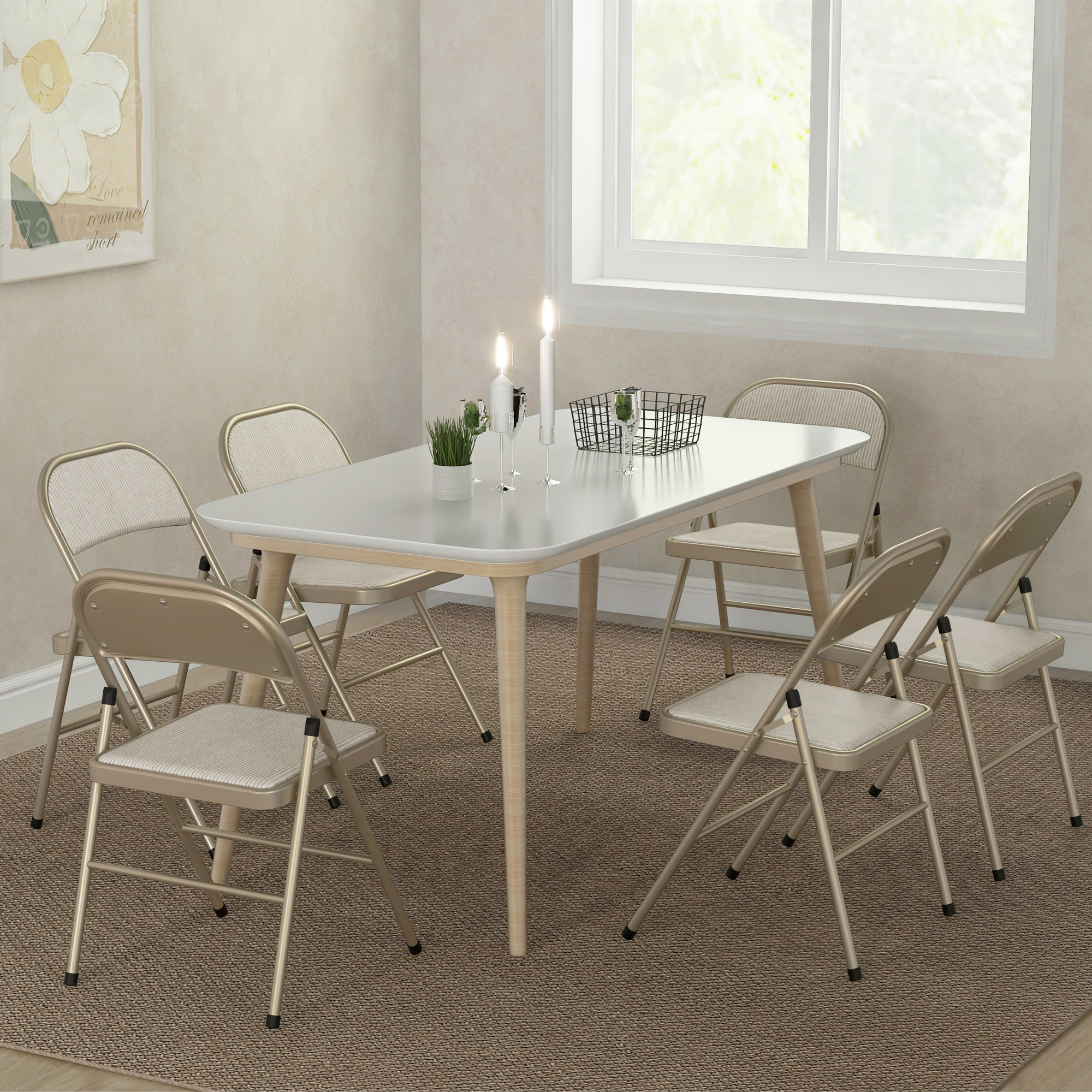Lot de 6 chaises pliantes assise dossier rembourrés acier tissu toucher lin beige