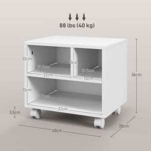 Mueble de Impresora con Ruedas Soporte de Impresora con Compartimentos Abiertos para Oficina Estudio 40x30x36 cm Blanco