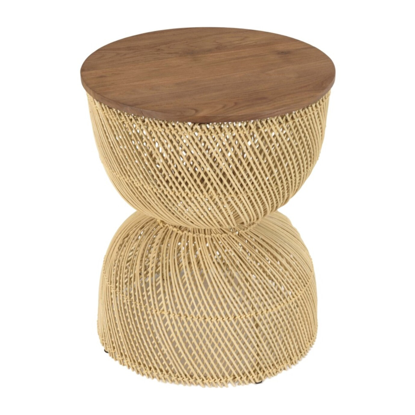 SIXTINE - Table d'appoint en rotin beige plateau en bois teck recyclé