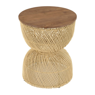 SIXTINE - Table d'appoint en rotin beige plateau en bois teck recyclé