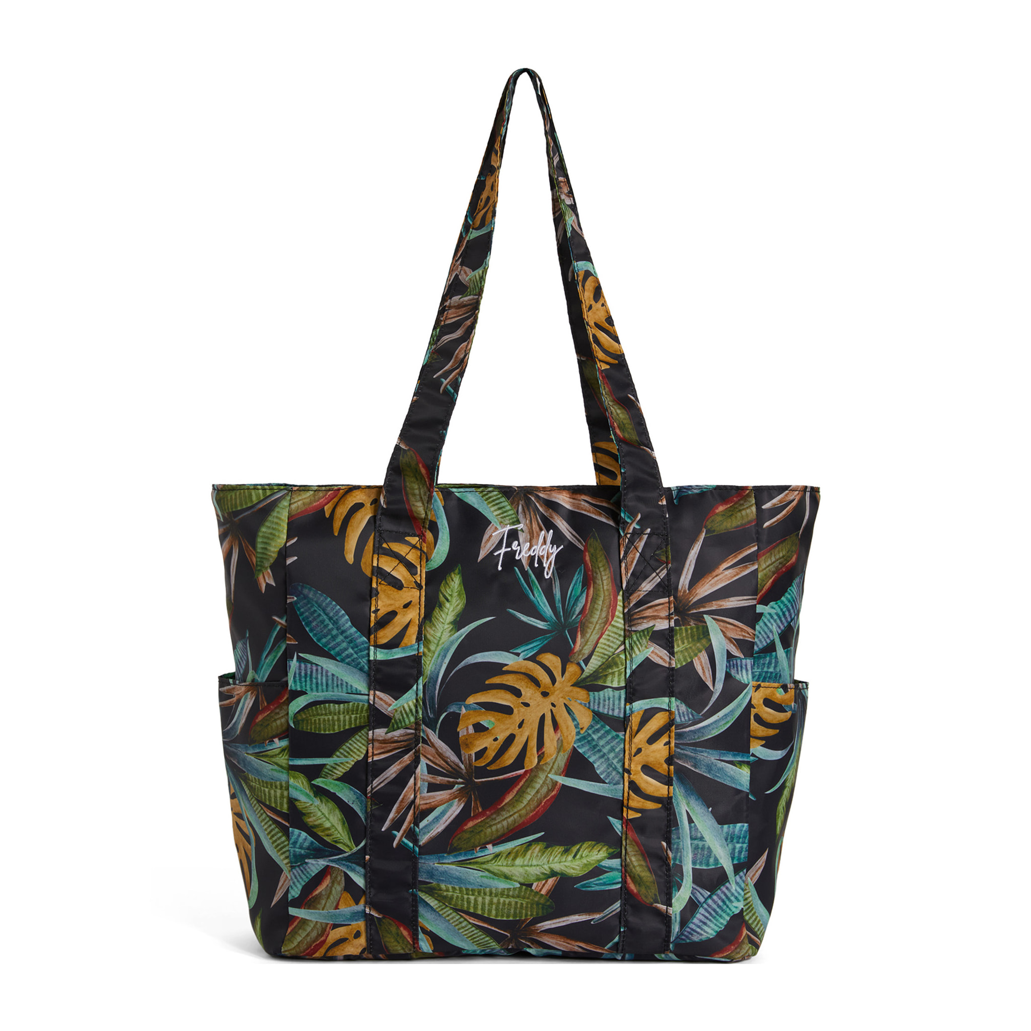Borsa shopper stampa foliage tropical con tasche laterali
