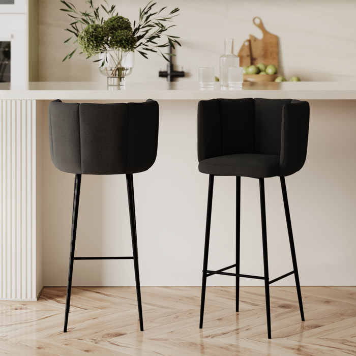 Lot de 2 chaises de bar en velours noir 75 cm - Rosy