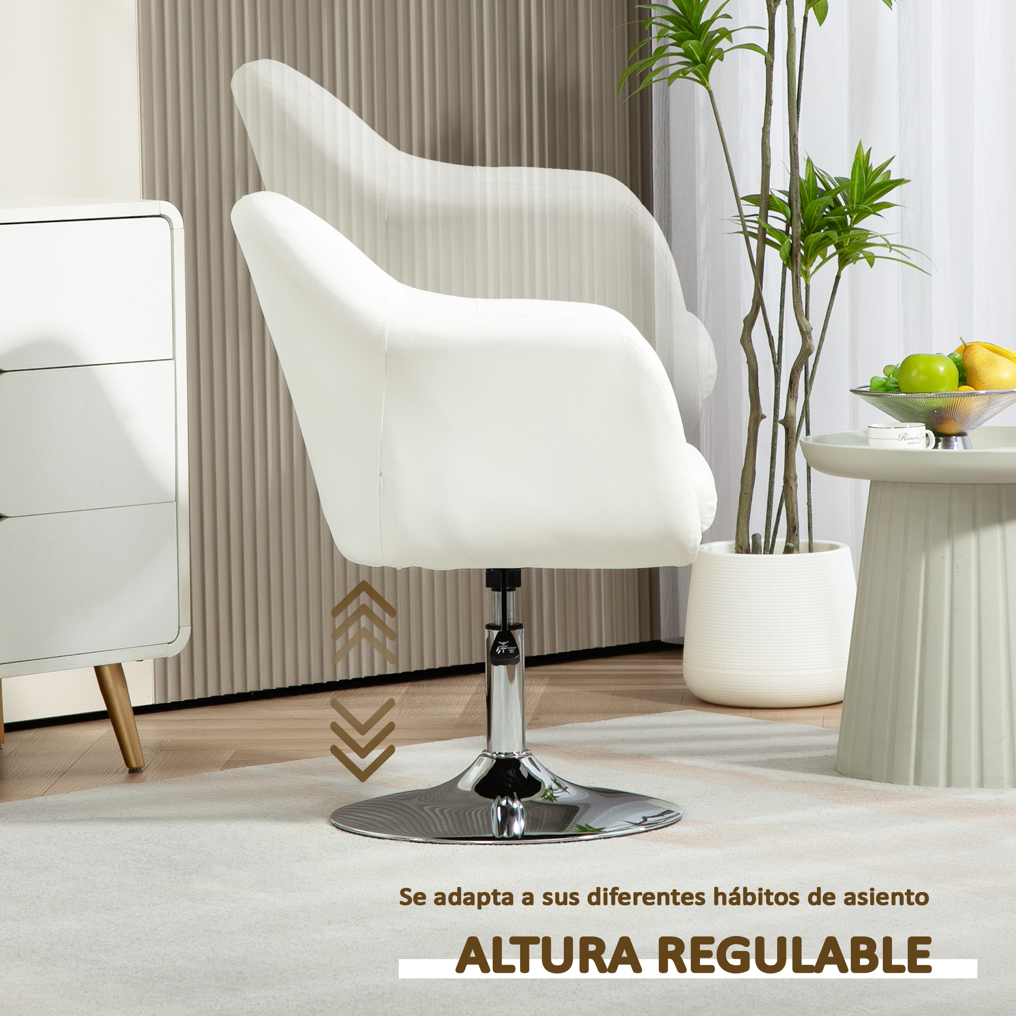 Butaca de Dormitorio Moderna Butaca de Salón Giratoria Tapizado en PU con Altura Ajustable Reposabrazos y Cojín Butaca para Sala de Estar Blanco