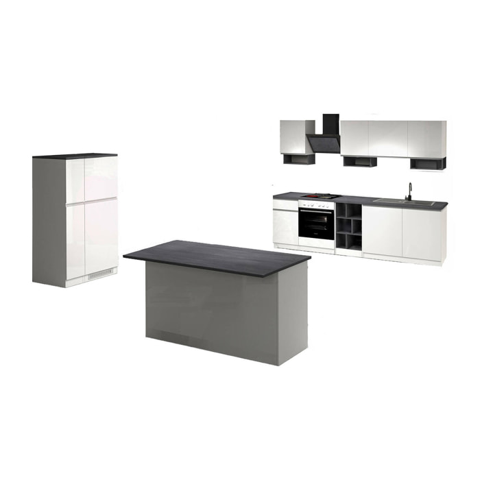 Cucina completa Balme, Set con dispensa, Mobile per cucinotto, Kit blocco con isola e portafrigo, 100% Made in Italy, Bianco lucido e Ardesia