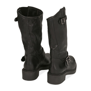 Biker boots neri in pelle con doppia fibbia