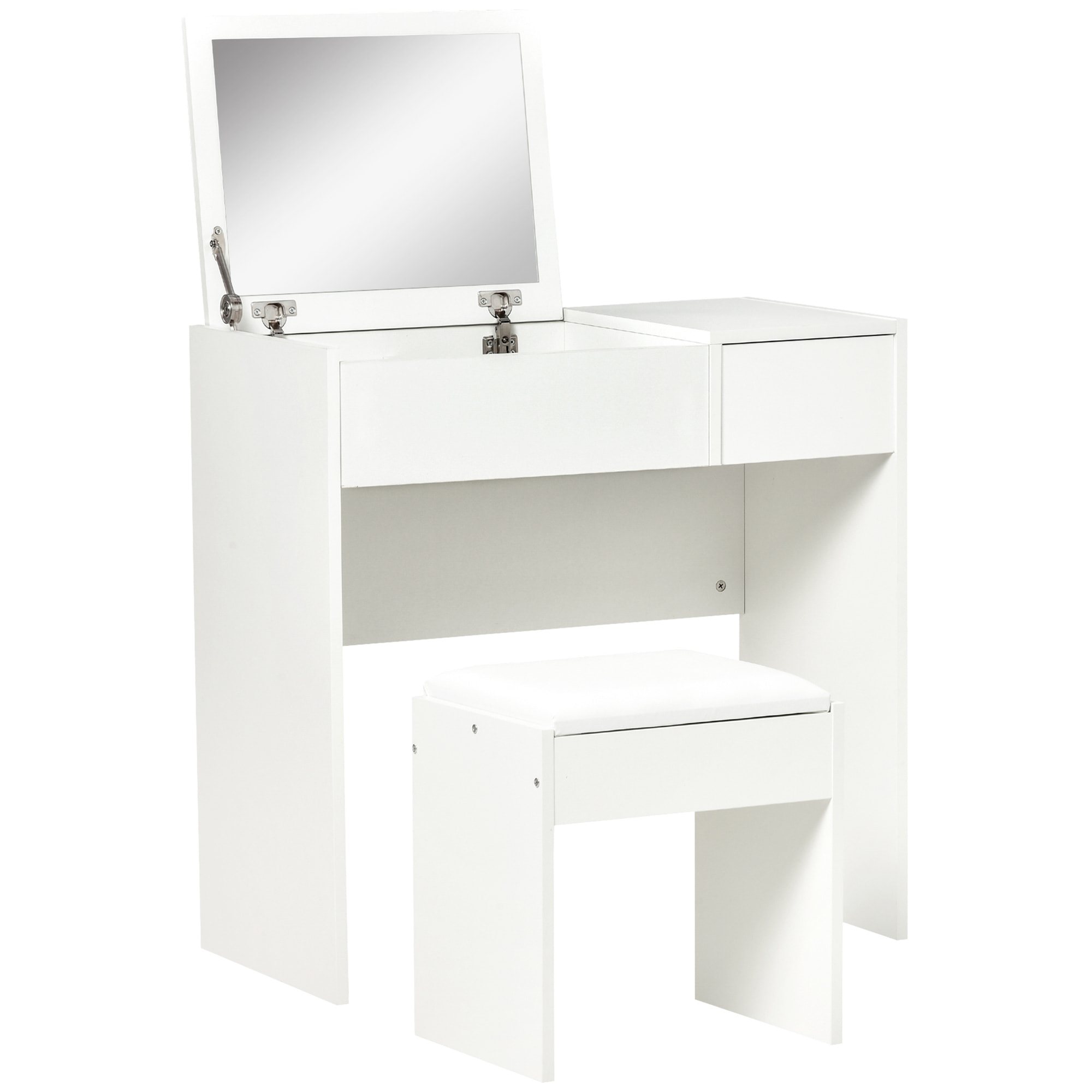 Coiffeuse table de maquillage design contemporain 80L x 40l x 79H cm miroir escamotable, tiroir, coffre + tabouret blanc