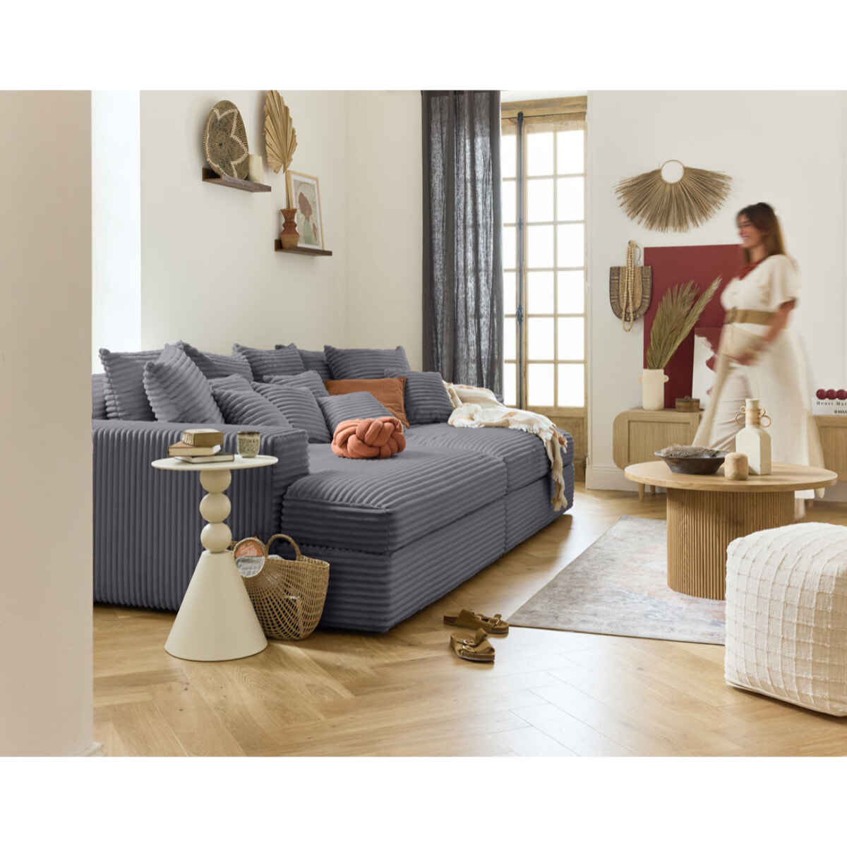 Collins - canapé droit 4 places avec double méridienne - assise profonde - velours côtelé grosses côtes - Gris