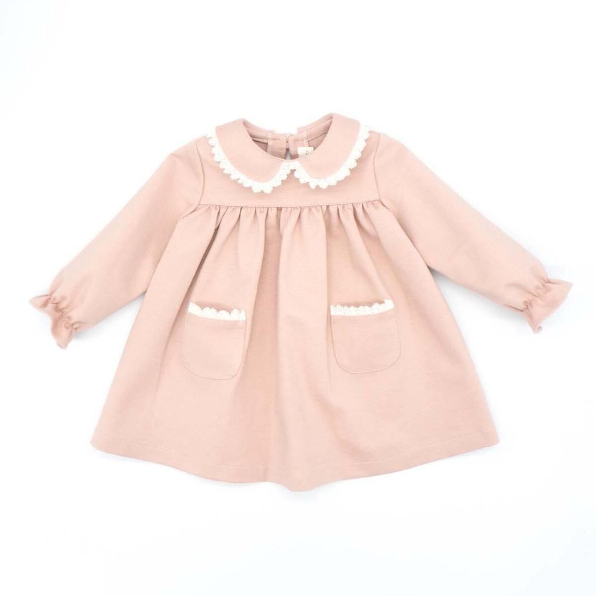 Vestido punto roma con cuello con volante rosa