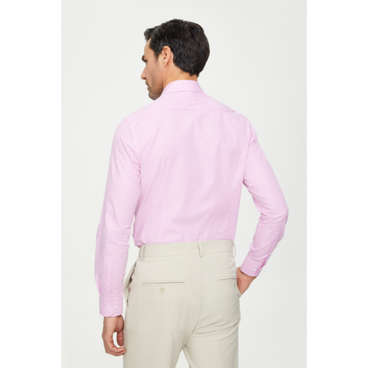 Camicia Uomo 1 Bottone Francese Slim Cotone Riga Stretta Rosa Fucsia/Bianco