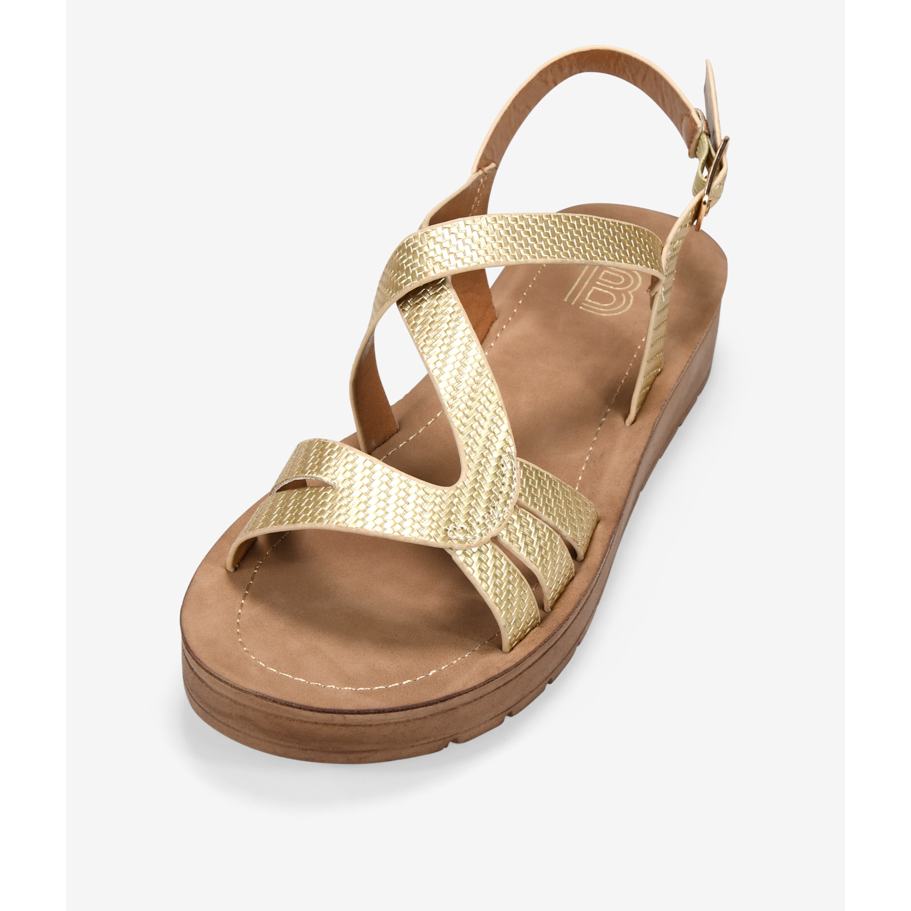 Sandalias de cuña doradas con hebilla