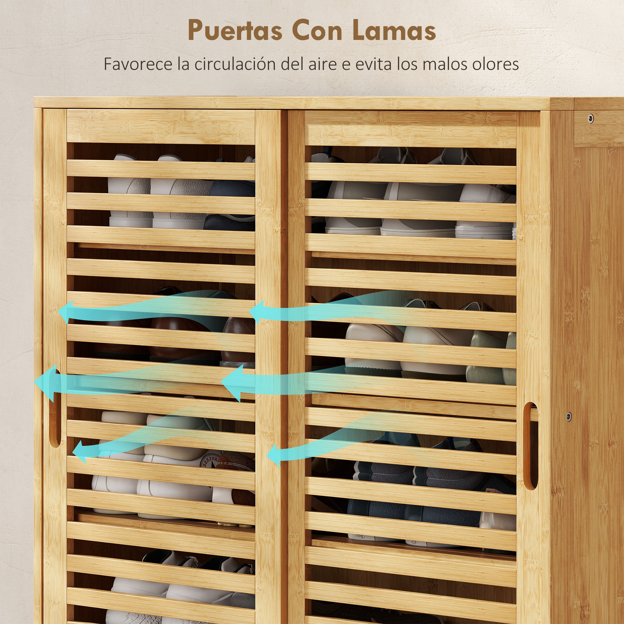 Zapatero de Bambú con 2 Puertas Correderas de Lamas, Zapatero Entrada Recibidor con Estantes Ajustables, para 16 Pares de Zapatos, 80x35x80 cm, Natural