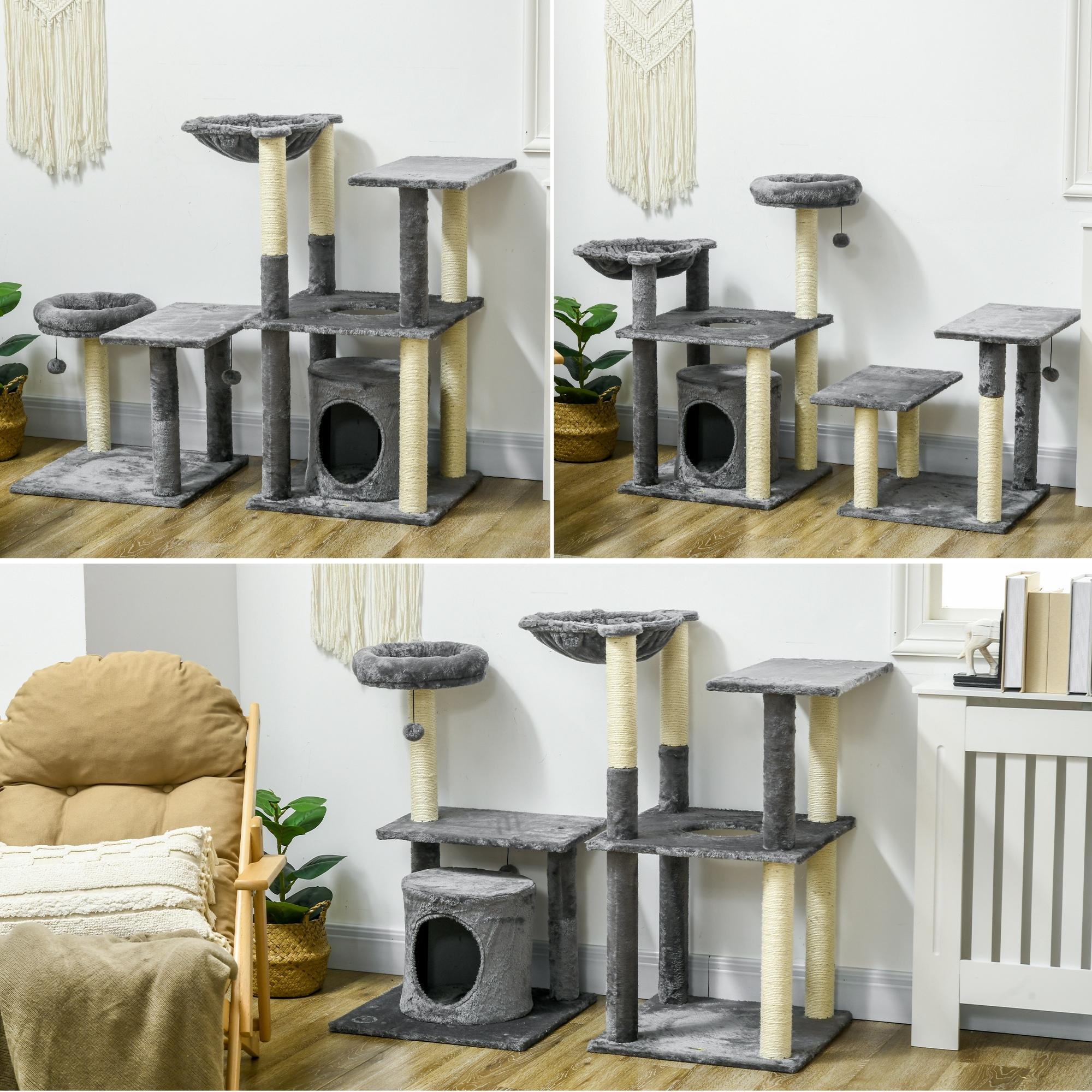 Árbol Rascador para Gatos Grande de 144 cm Torre para Gatos Interior con 4 Formas Postes para Rascar Cama Cueva Plataformas y Bolas Colgantes 49x49x144 cm Gris