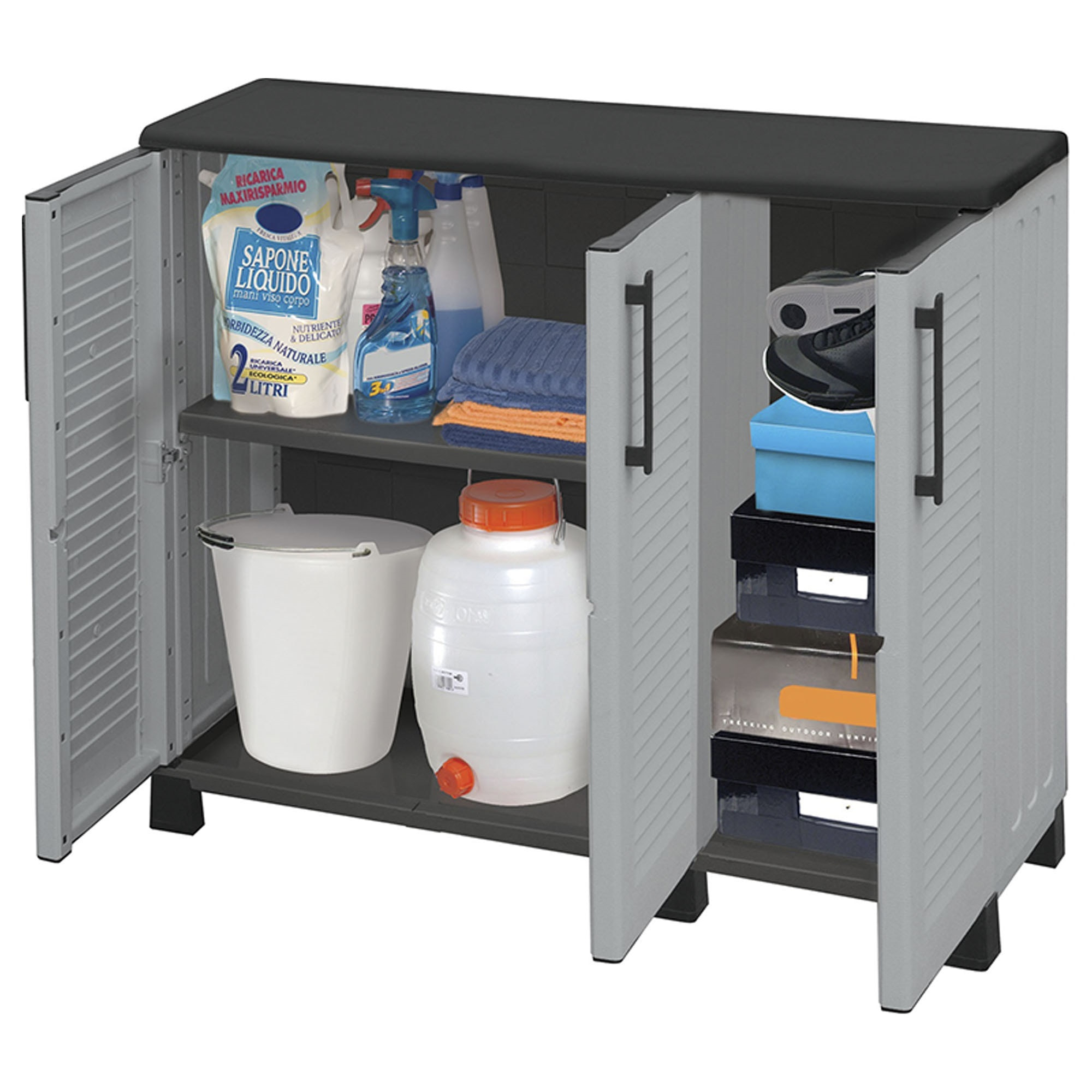 Armario de mediana altura en polipropileno, material reciclable y ecológico sostenible, está equipado con bisagras de acero, estantes ajustables y los