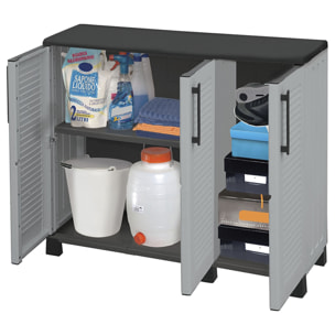 Armario de mediana altura en polipropileno, material reciclable y ecológico sostenible, está equipado con bisagras de acero, estantes ajustables y los