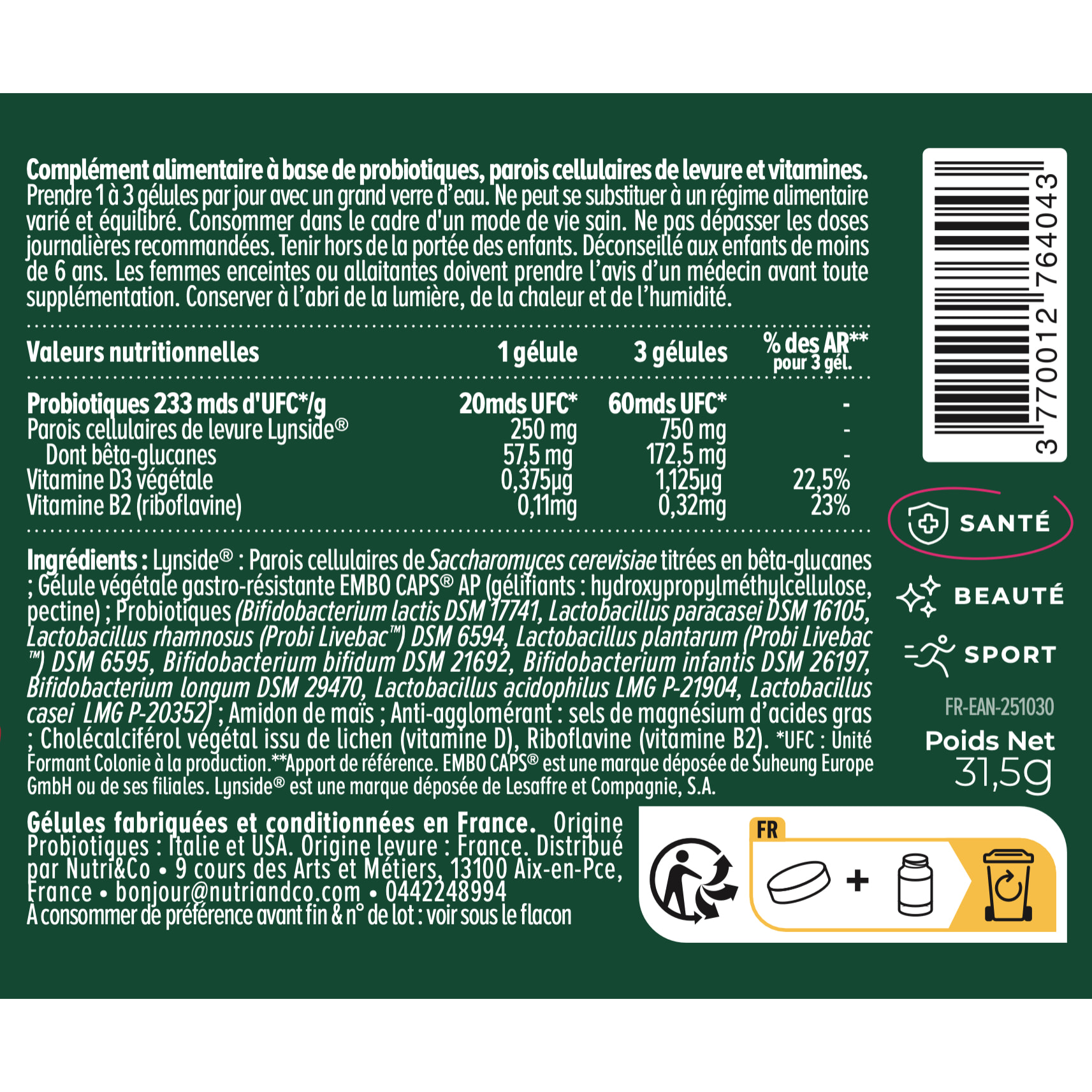 Nutri&Co Probiotiques & Prébiotiques - Flore Intestinale - 60 gélules Vegan
