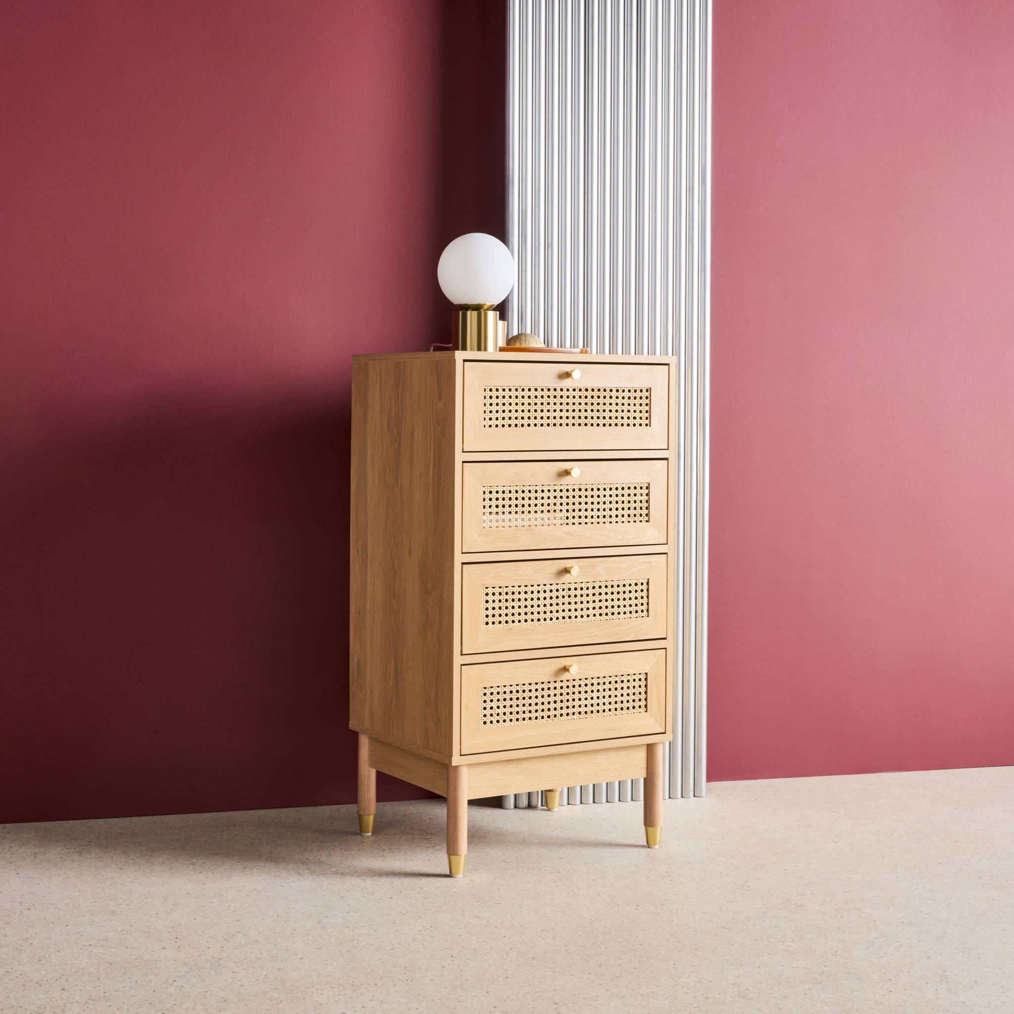 Commode chiffonnier décor bois et cannage 4 tiroirs teinte naturelle - 50 x 40 x 96 cm - Judith