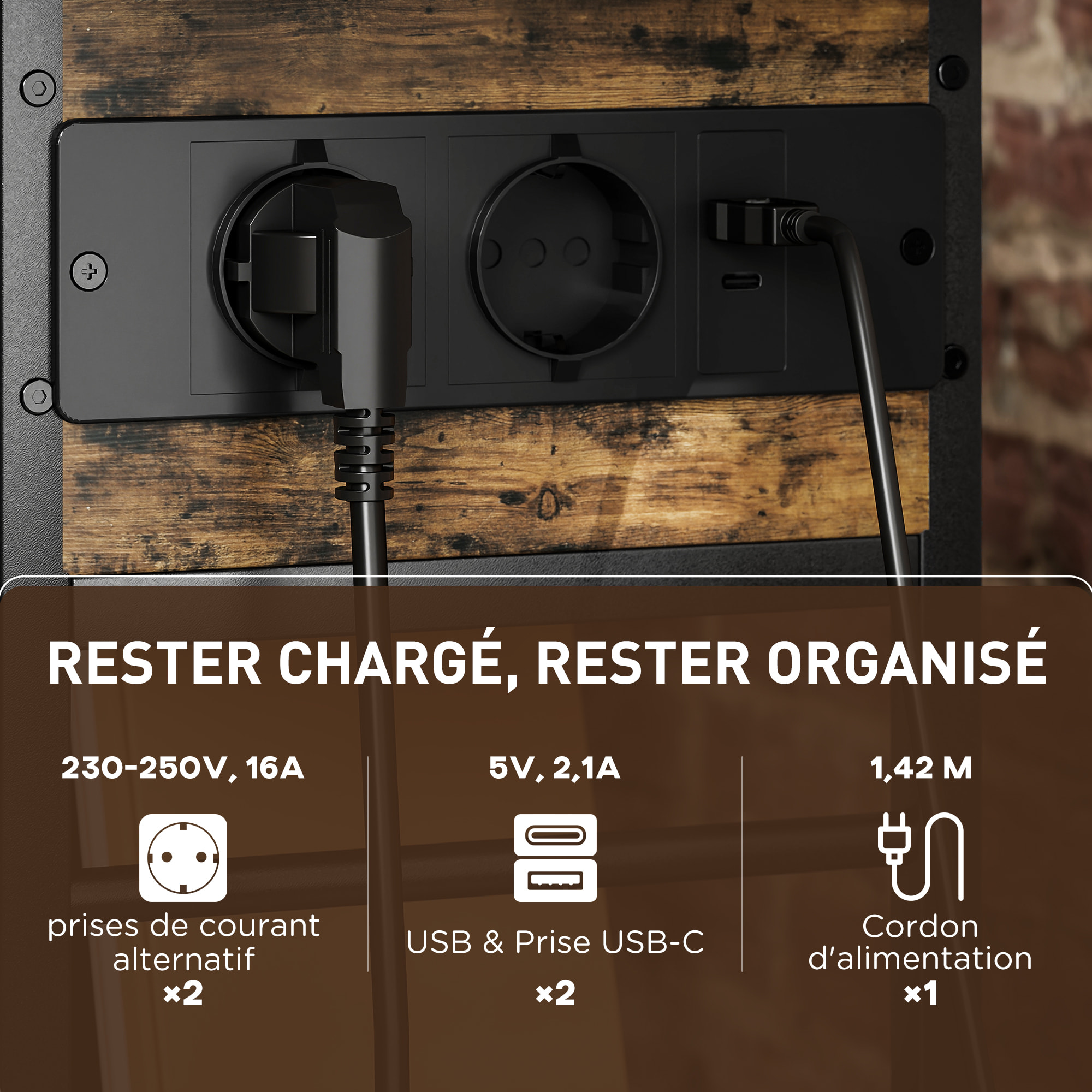 Console style industriel avec station de charge prises secteur et USB dim. 60 x 30 x 58,5 cm métal noir effet bois vieilli