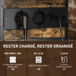 Console style industriel avec station de charge prises secteur et USB dim. 60 x 30 x 58,5 cm métal noir effet bois vieilli