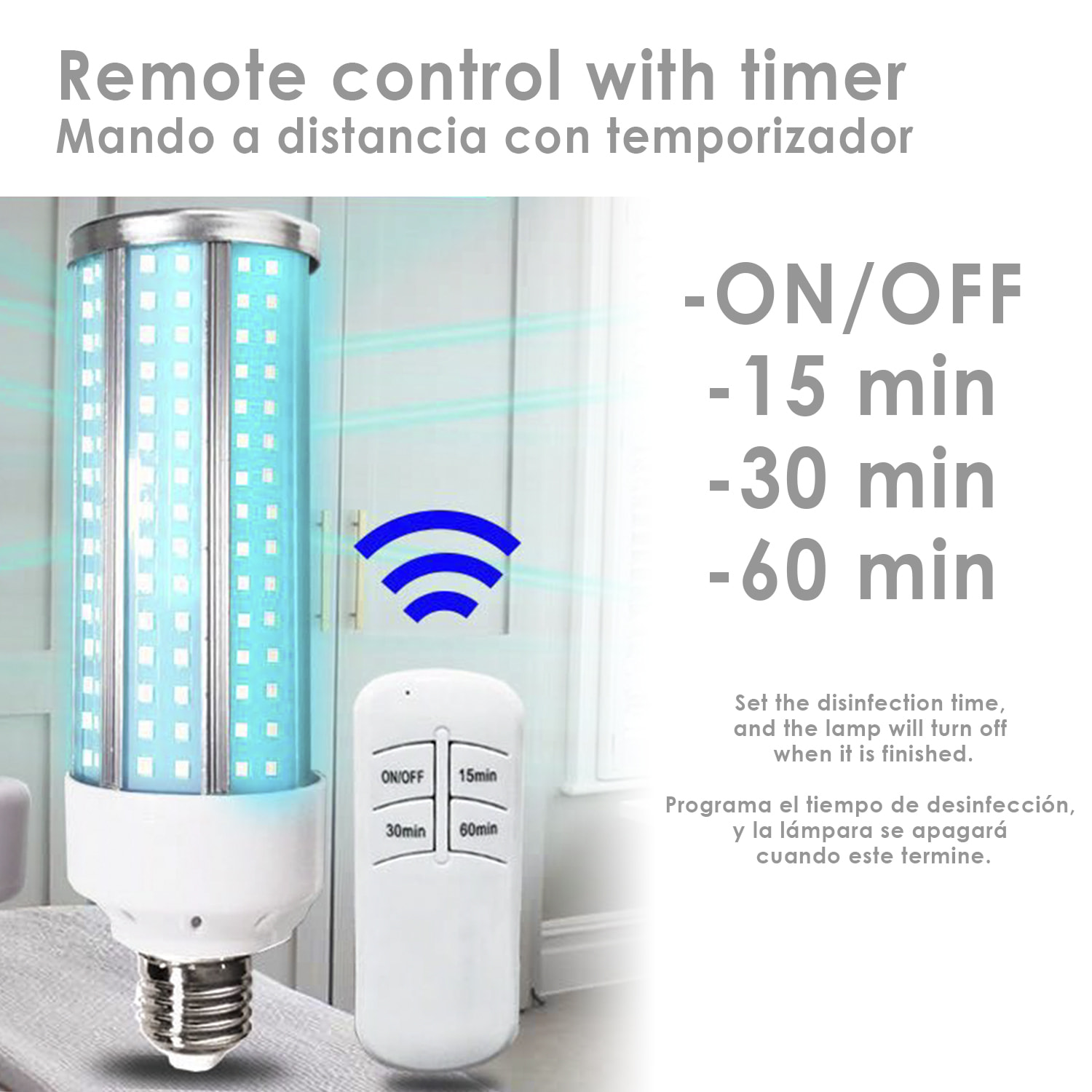 Lámpara led UVC germicida + OZONO con casquillo E27 y control remoto.