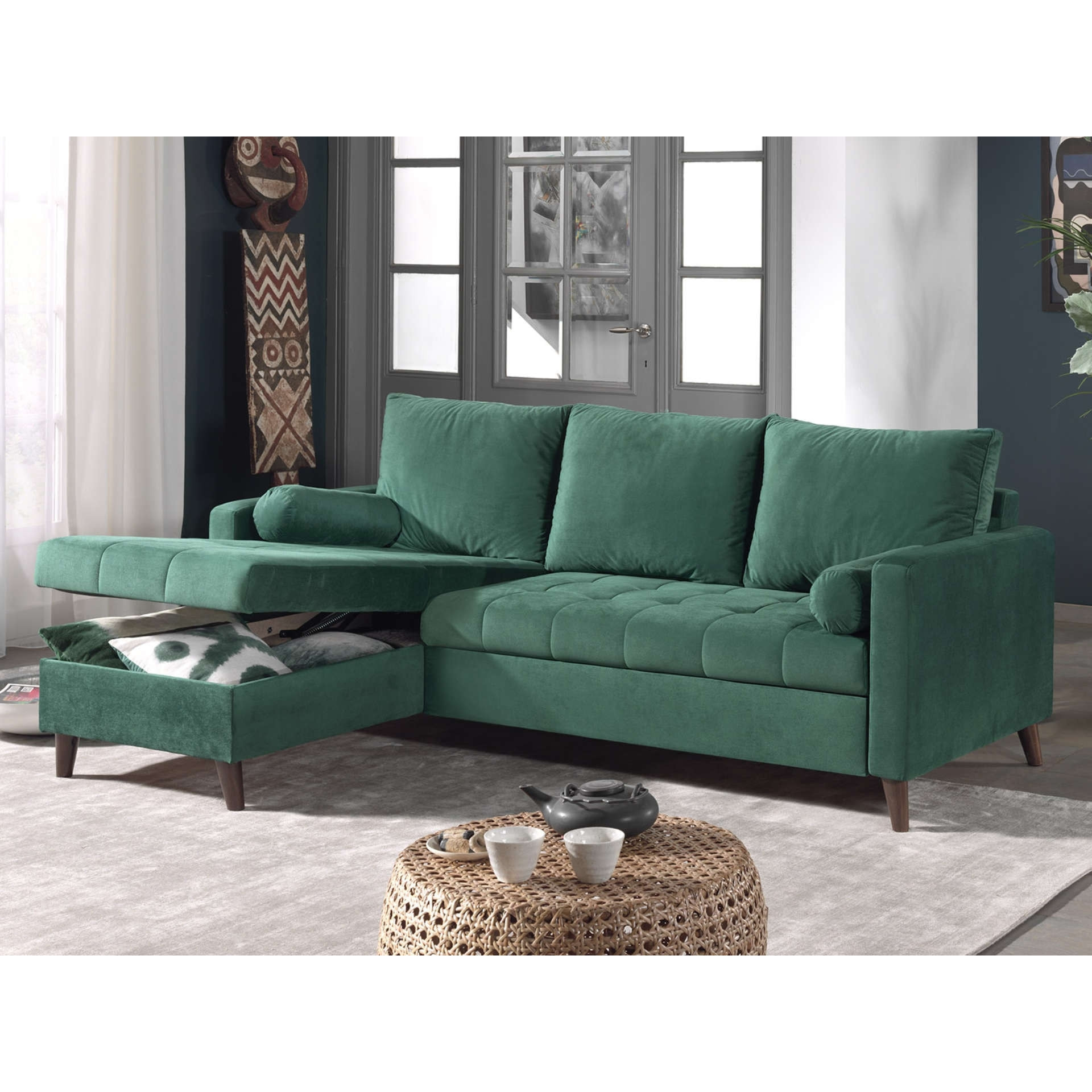 POLAR - Canapé d'angle réversible convertible - en velours au design scandinave - 4 places - Vert