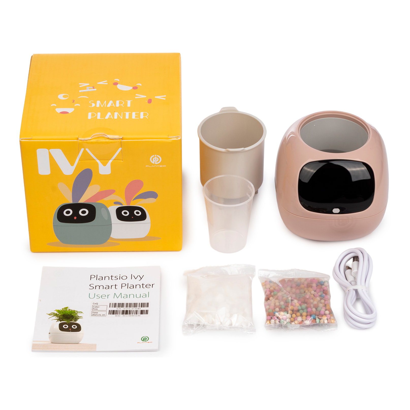 Maceta inteligente Ivy con sensores internos y externos, pantalla interactiva con expresiones faciales, batería de 2000mAh y monitoreo completo de la planta.