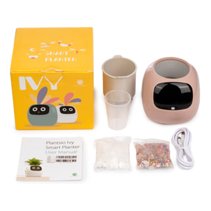 Maceta inteligente Ivy con sensores internos y externos, pantalla interactiva con expresiones faciales, batería de 2000mAh y monitoreo completo de la planta.