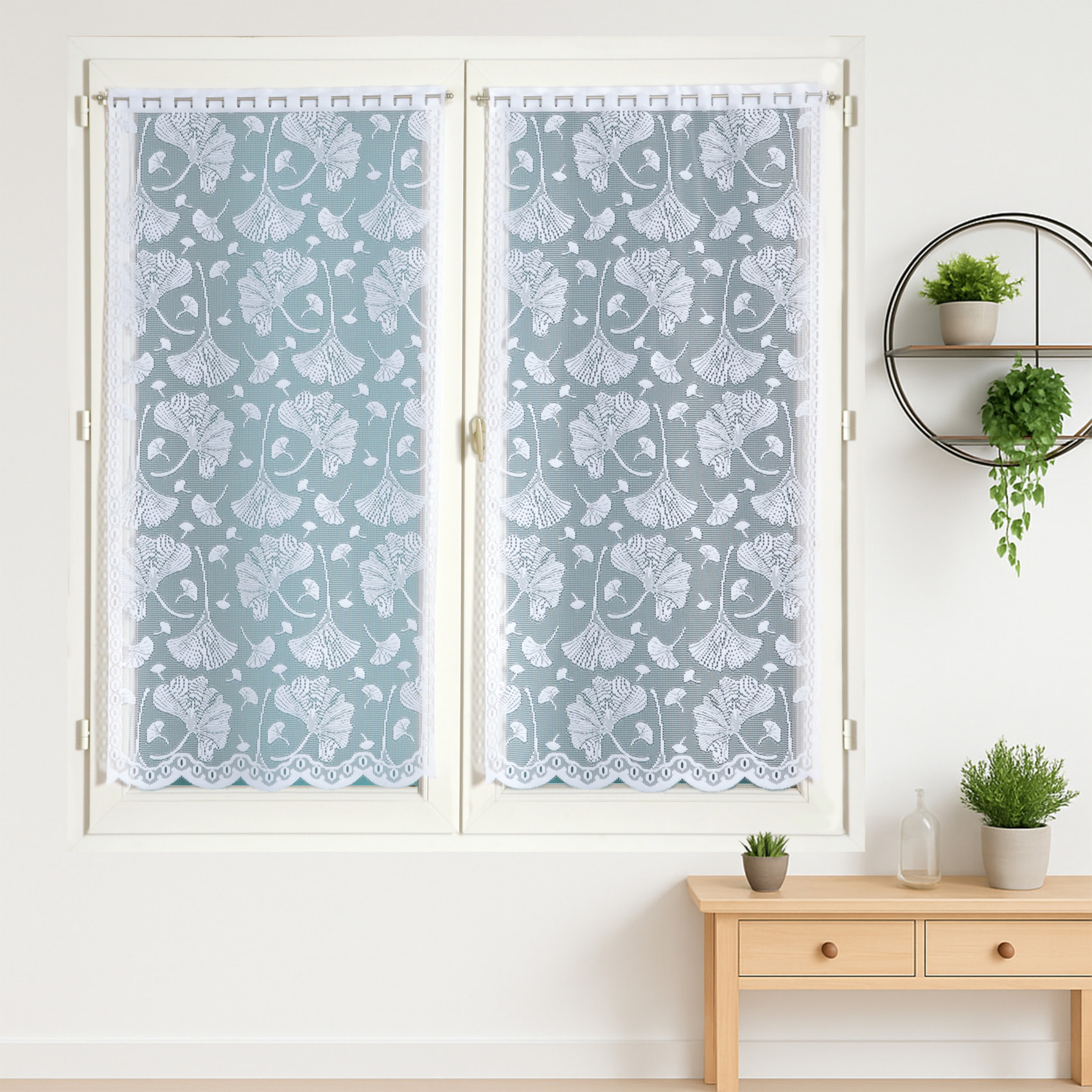 Paire de vitrages base découpée en dentelle ginkgo - Blanc