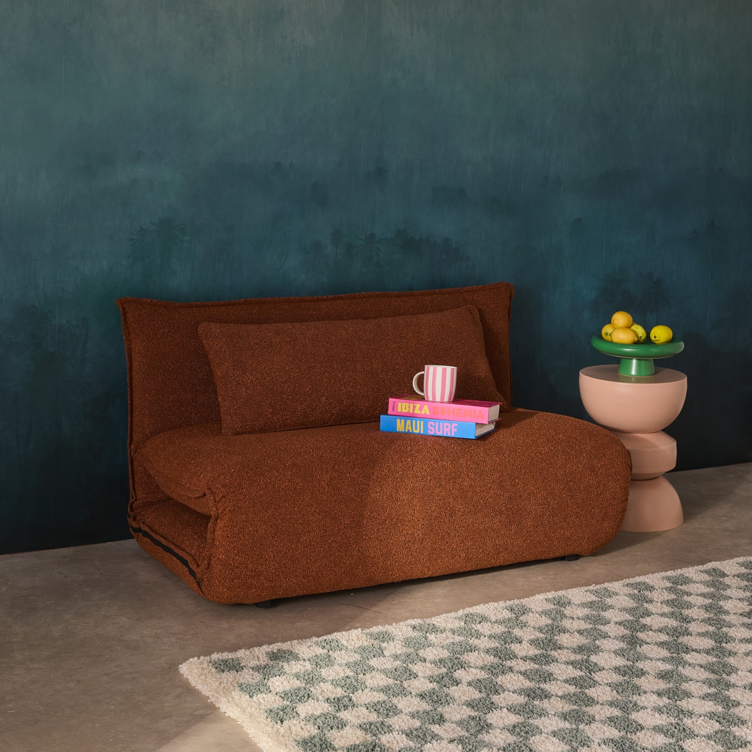 Chauffeuse convertible 2 places en bouclette texturée terracotta L 120 x P 80 x  H 66 cm - Fleeep