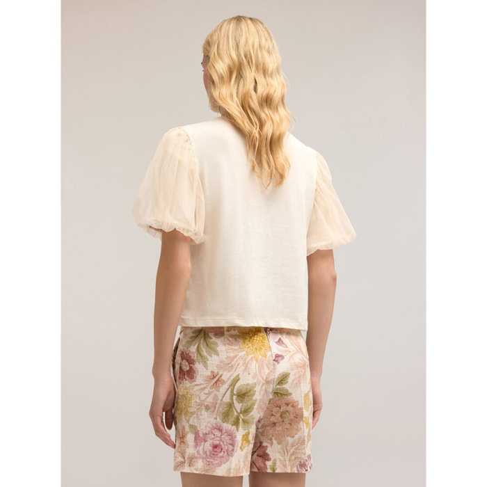 Motivi - T-shirt con spilla gioiello e piume - Bianco