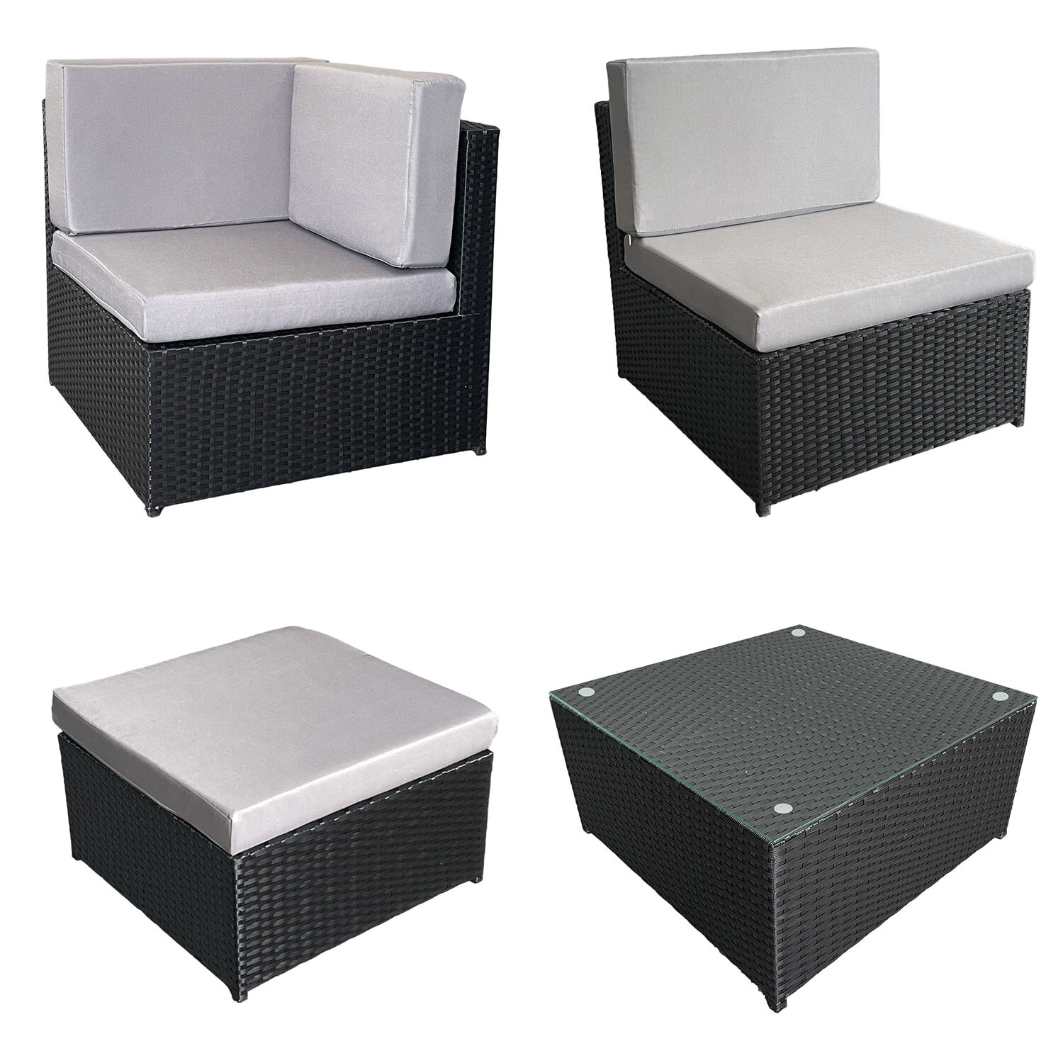 Salon de jardin BONIFACIO en résine tressée noir 6 places - coussin gris