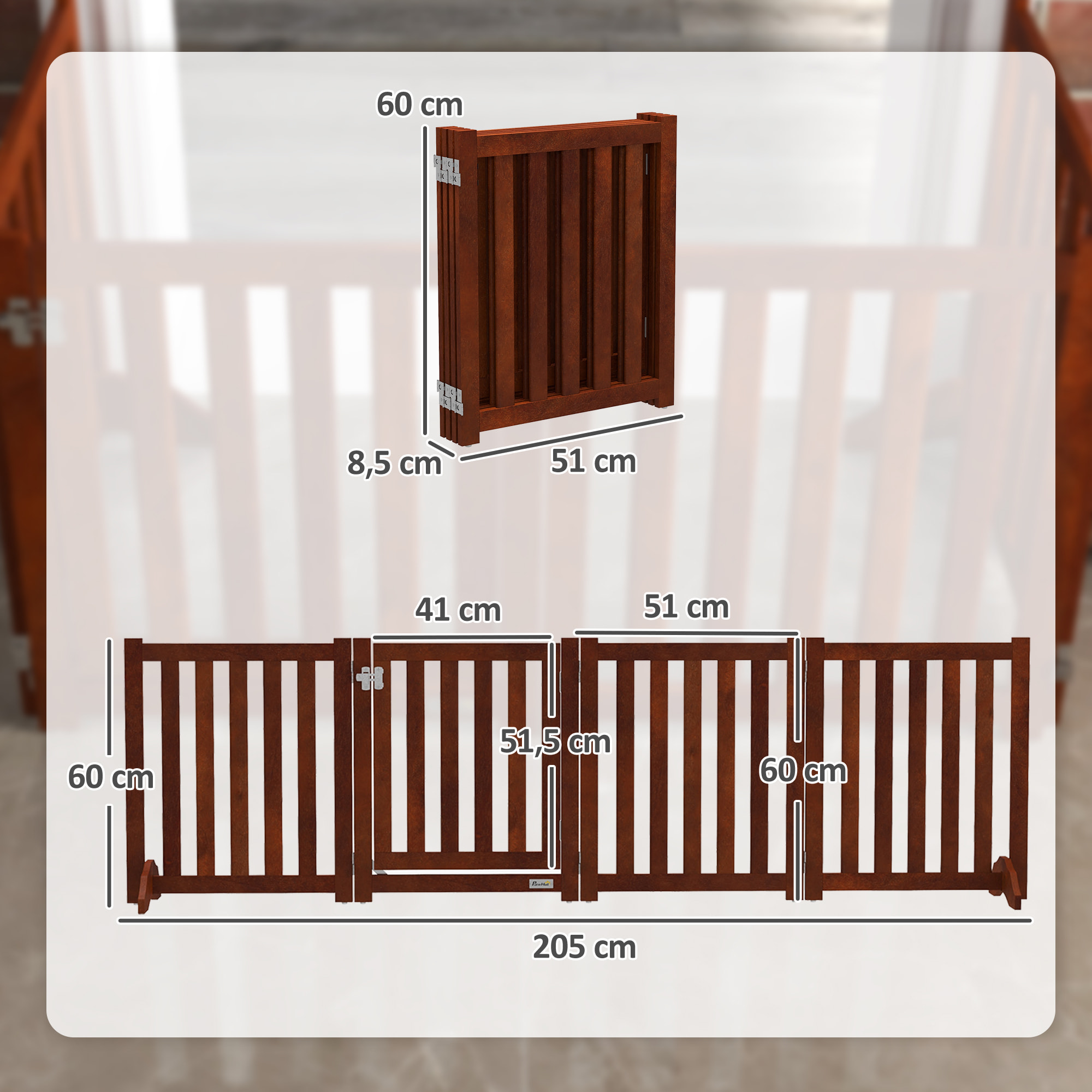 Barrera de Seguridad para Perros Plegable para Escaleras y Puertas Valla para Perros Pequeños de 4 Paneles con Soporte de Pie para Interiores 205x30x60 cm Marrón