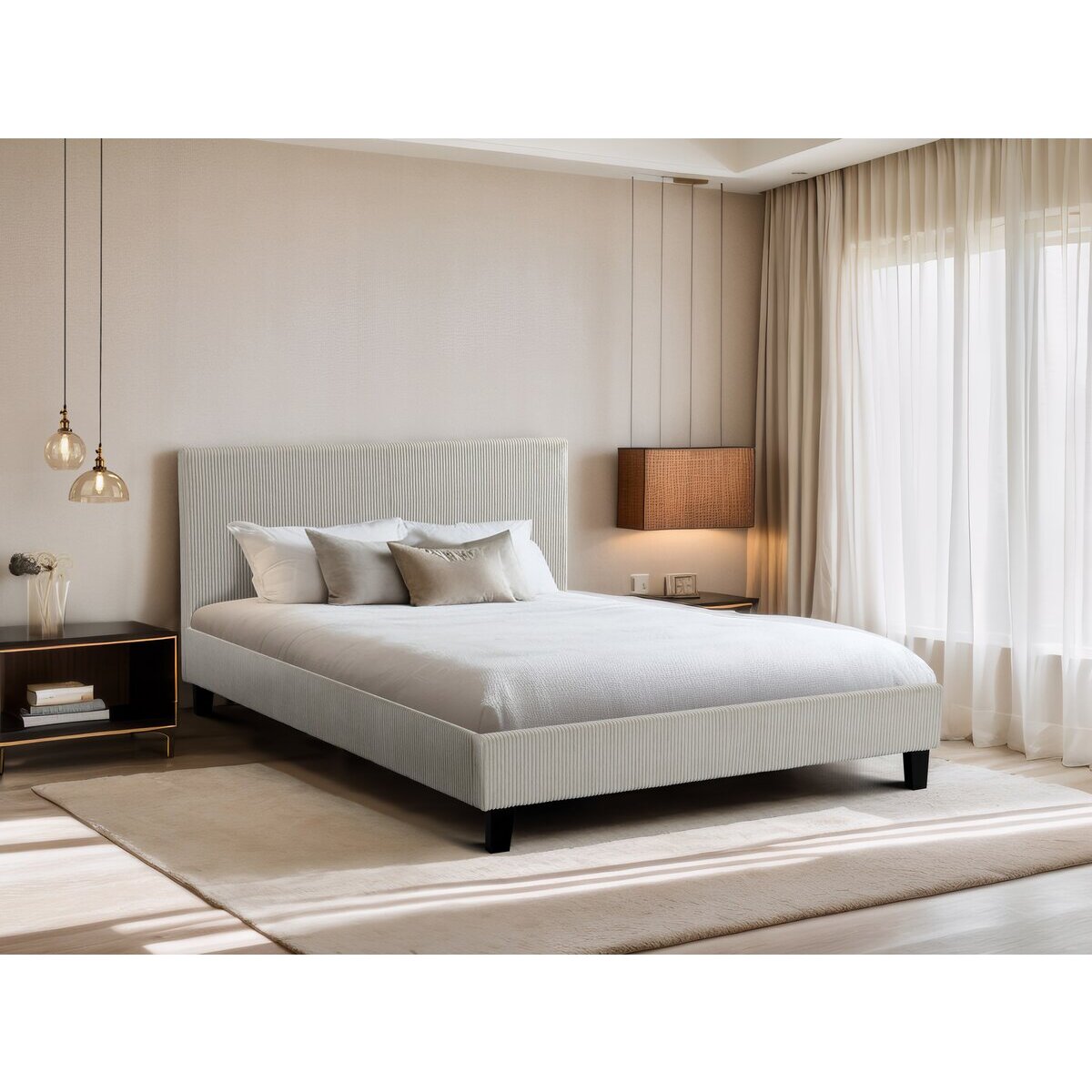 Lit double en velours côtelé "Ambre" - 140 x 190 - Beige