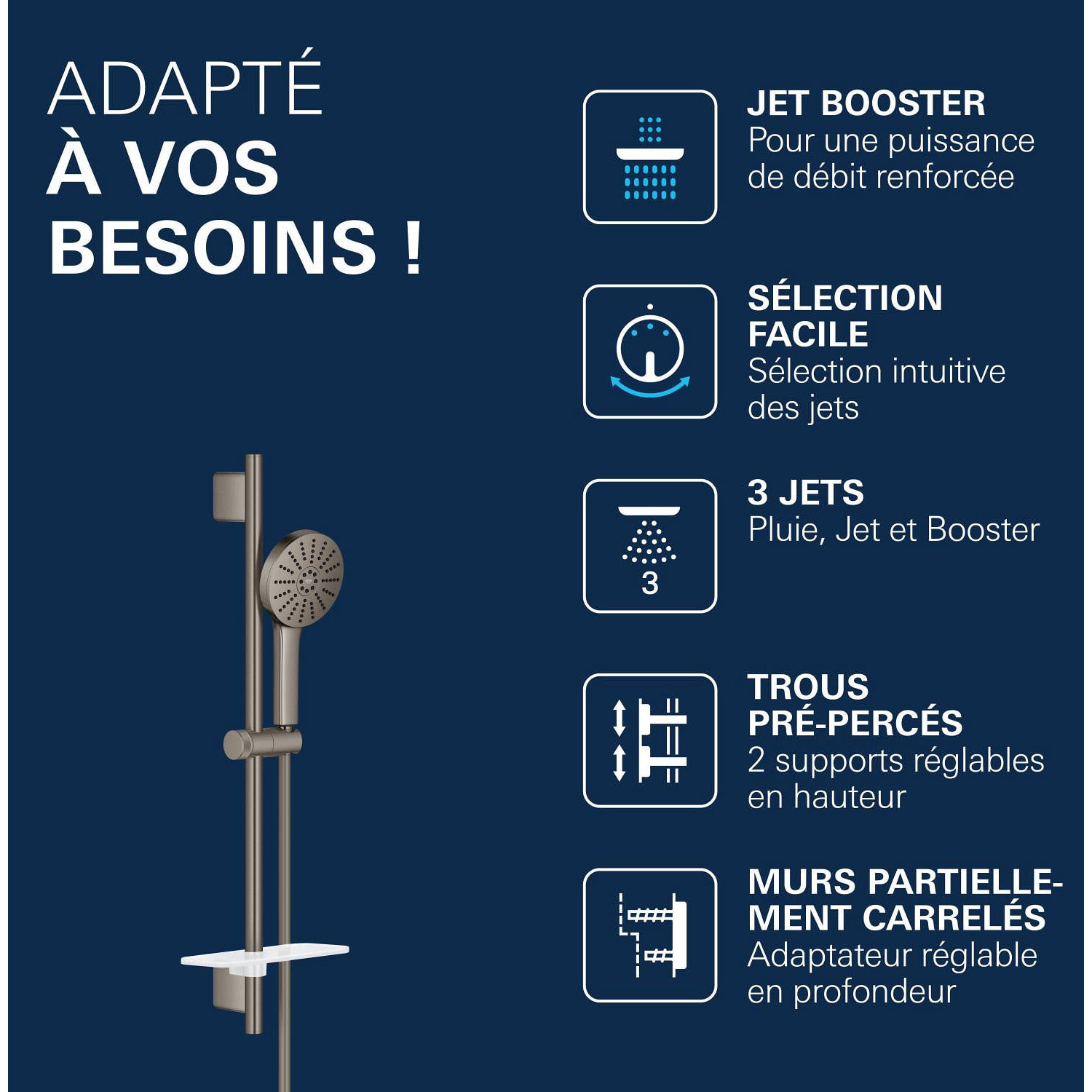 Ensemble de douche 3 jets (Pluie, Jet stimulant, Booster) - Hard Graphite brossé