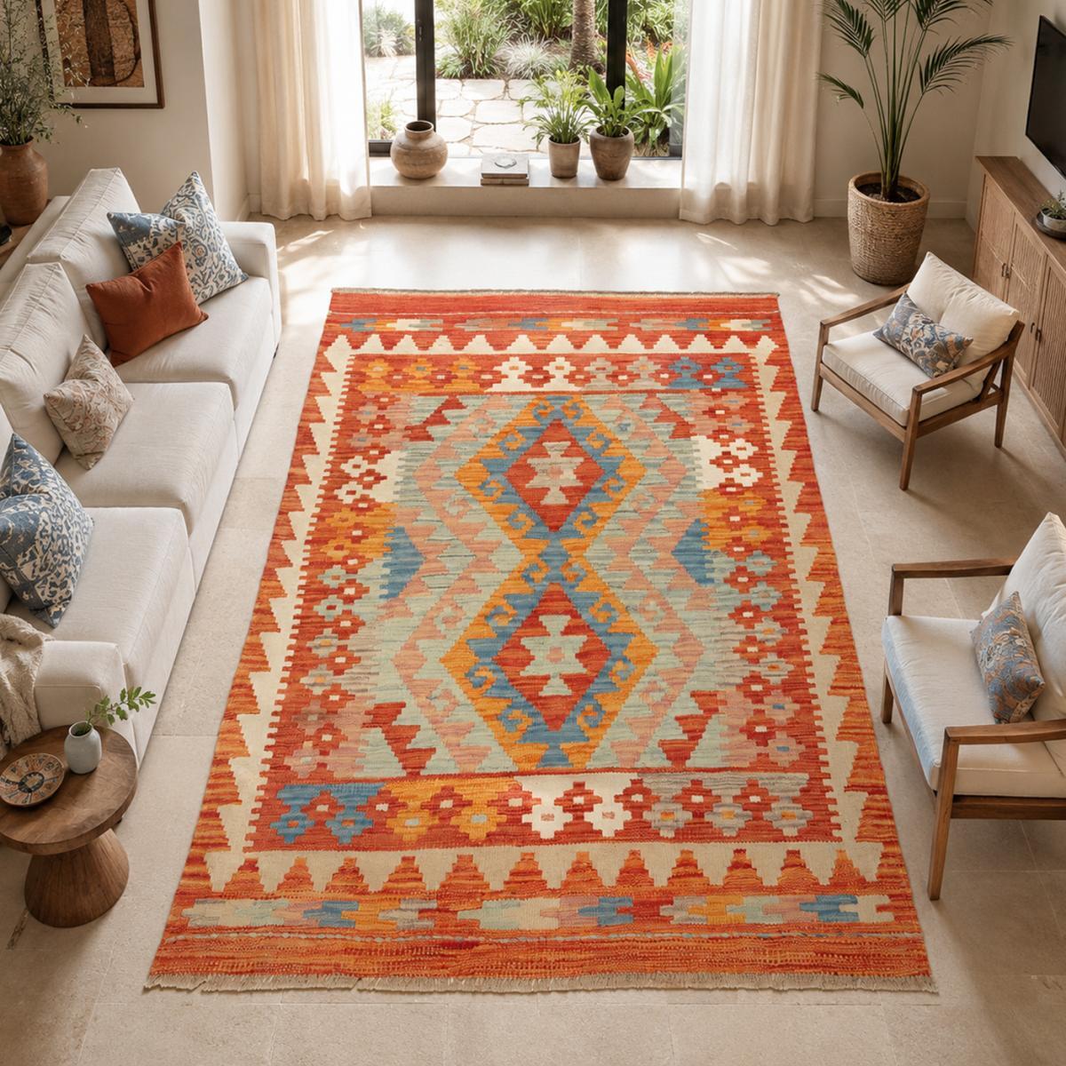 Tapis kilim au motif ethnique, tissé plat artisanal, VEROS