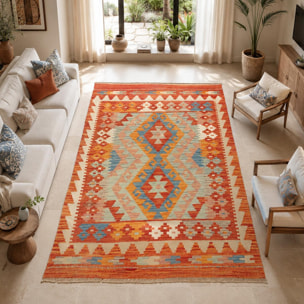 Tapis kilim au motif ethnique, tissé plat artisanal, VEROS