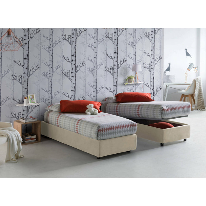 Letto singolo Aquolina, Letto contenitore con rivestimento in tessuto, 100% Made in Italy, Apertura frontale, adatto per materasso Cm 80x190, Beige