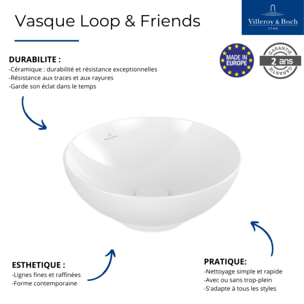 Vasque ronde à poser Loop and Friends non meulé Blanc CeramicPlus 38 x 38 sans trop plein