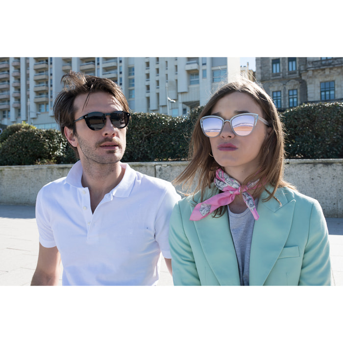 Gafas de sol PALO ALTO SEATTLE - Blanco transparente esmerilado y metal plateado brillante / Plana de pc ahumada con revo rosa real