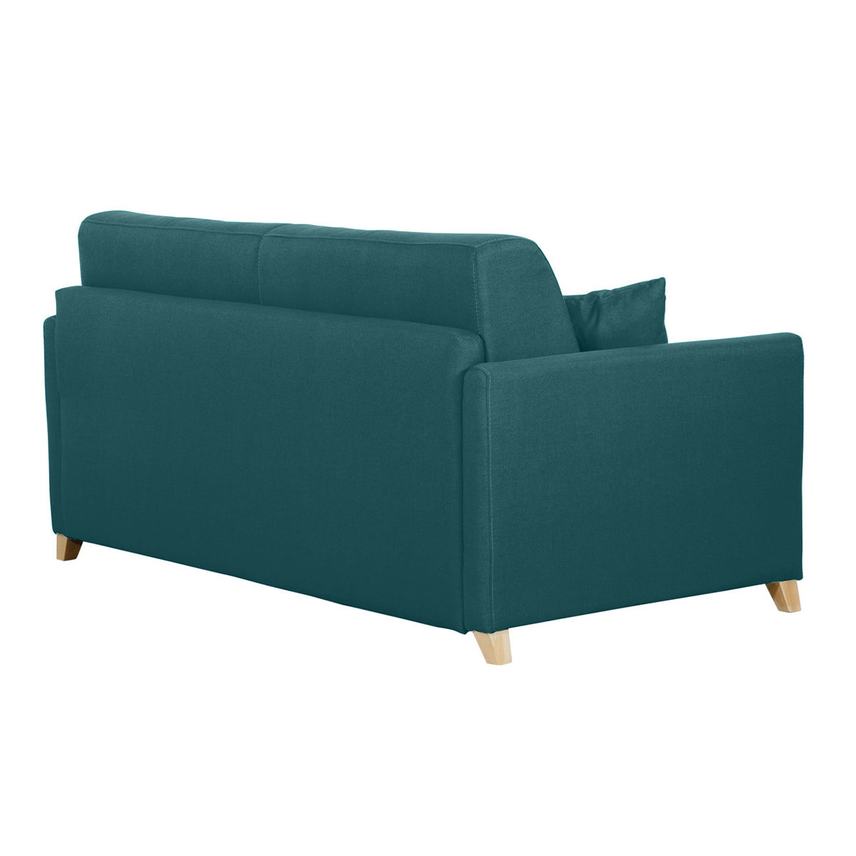 Canapé convertible 3 places en tissu bleu canard et bois clair avec matelas 18 cm SKANDY