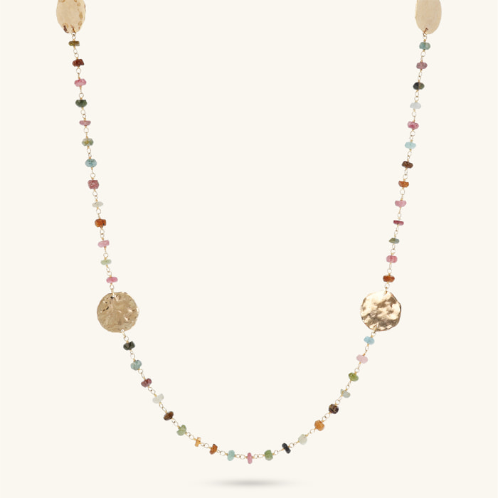 Collana Rosario con Pietra Naturale Tormalina Multicolore e Dischi Martellati