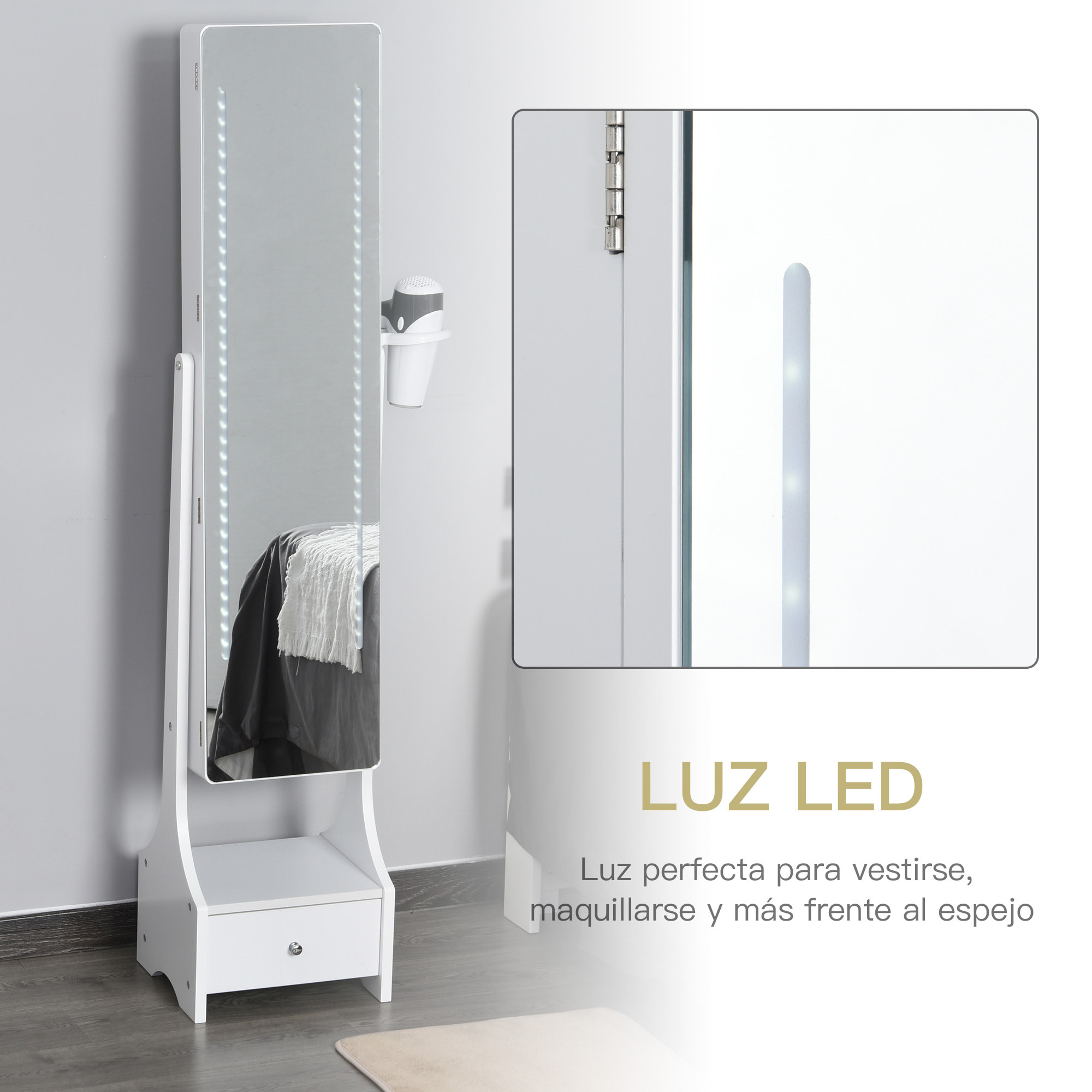 Espejo Joyero de Pie con Luz Armario para Joyas con Espejo de Cuerpo Entero 3 ángulos Ajustables con Cajón y Colgador para Secador 37x30x158 cm Blanco