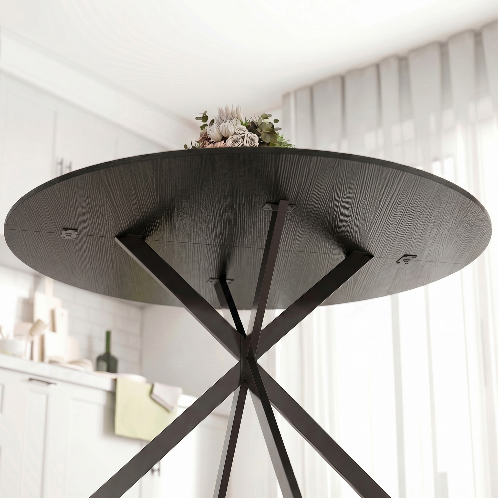Table ronde style industriel bois métal 4 pers. dia. 100 cm noir