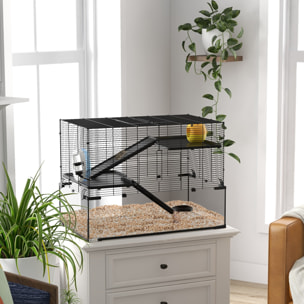 Cage hamster rongeur 3 niveaux 76 x 48 x 54 cm - roue, rampes, maisonnette, abreuvoir, mangeoire - noir